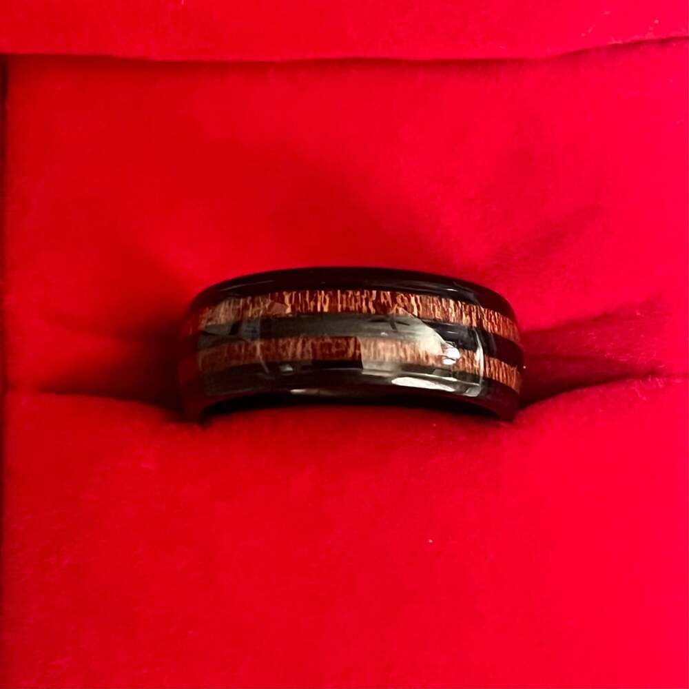 Tungsten Black Koa Wood Inlay 8mm Titanium Steel Band Size 9